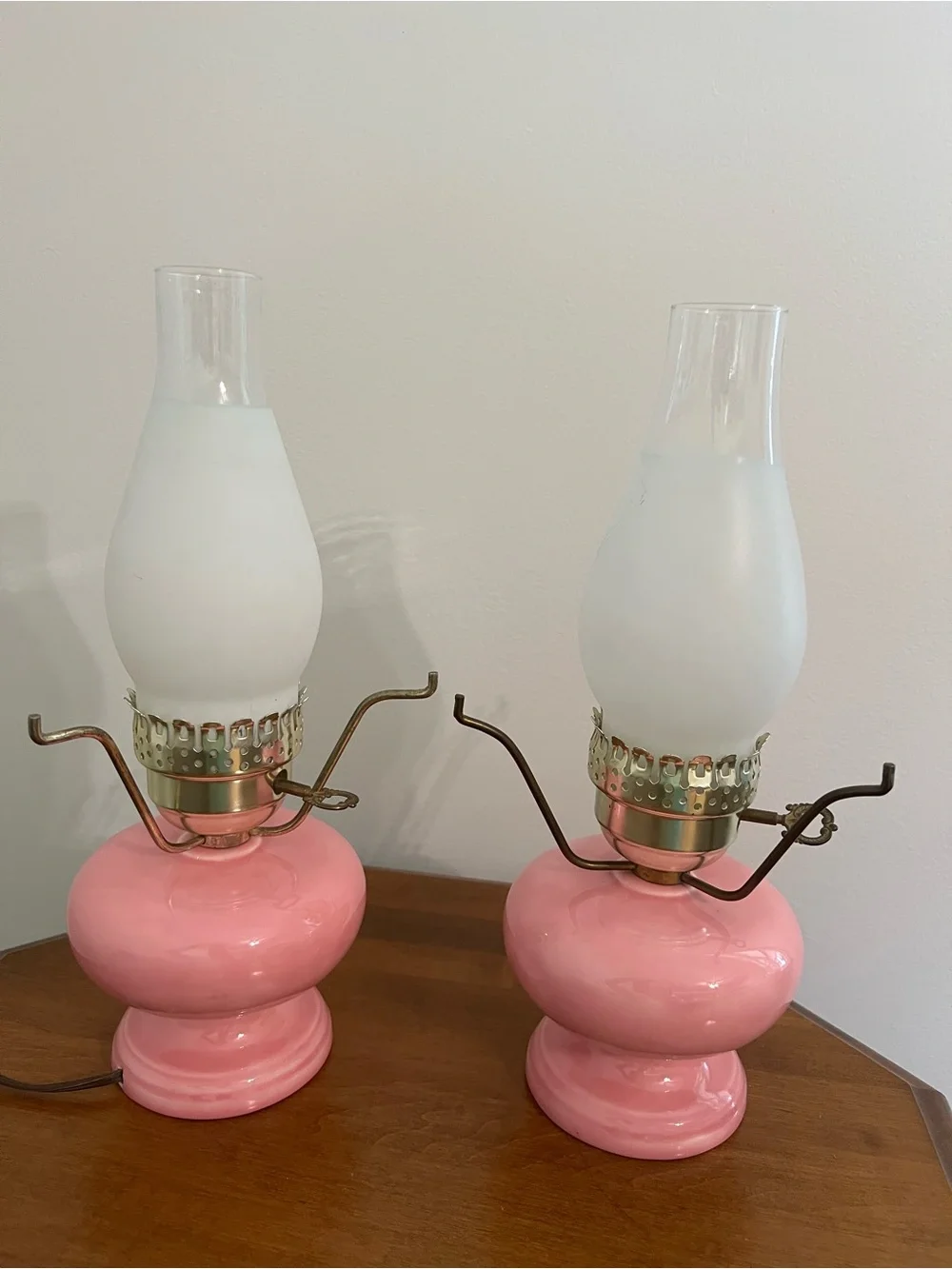 Vintage Pink Ceramic GWTW type 3-way Lamp with Floral Details-Electric-Pair